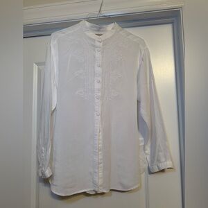 Democracy White Casual Button Down Embroidered Shirt Women’s Size L